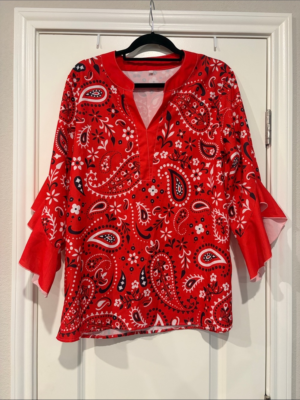 Red Paisley Split-Neck Women's Blouse